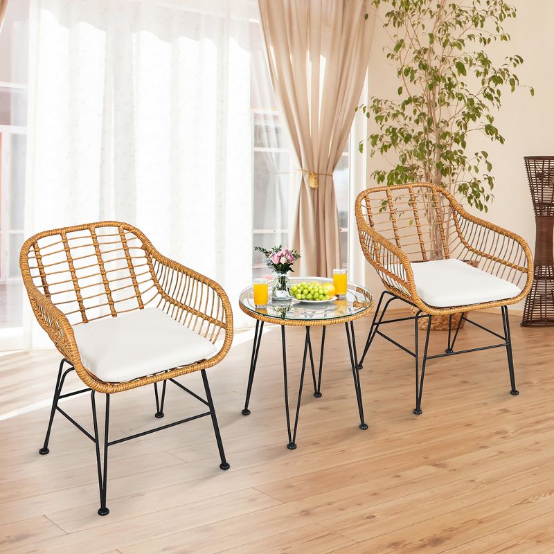 Costway 3PCS Patio Rattan Bistro Furniture Set Cushioned Chair Table, 3 of 11