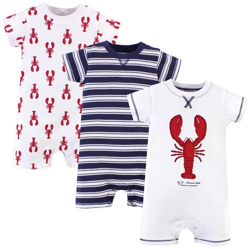 Touched by Nature Baby Boy Organic Cotton Rompers 3pk, Lobster, 18-24 Months