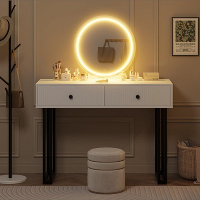 White Modern Vanity Desk with Mirror and Lights, 40'' Makeup Table