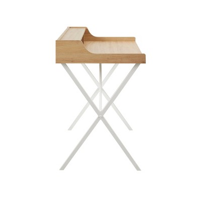 Blonde Wood and White Metal Writing Desk with Storage