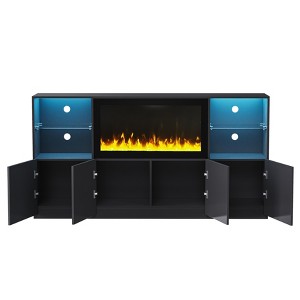 Gulches 67.7" High Gloss TV Stand with 34.2" Non-Heating Electric Fireplace - LED Light Media Console with Tempered Glass Shelves & 4 Cabinets - 1 of 4