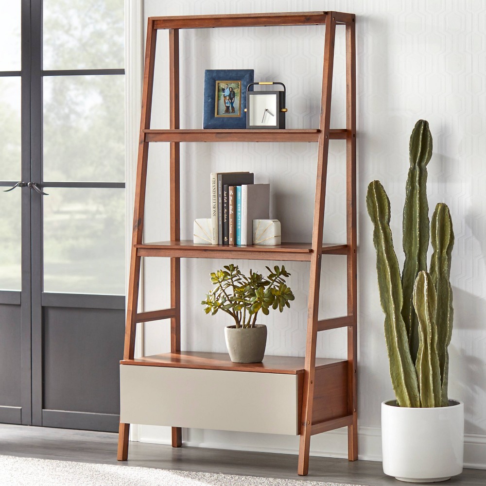 Lifestorey 71" Nordic Mid Century Modern Ladder Bookcase with Drawer Walnut