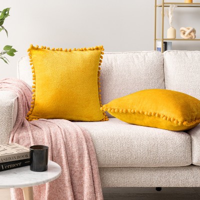 Mustard Yellow Velvet Square Throw Pillow Covers with Pom Pom Fringe, 20'' x 20''
