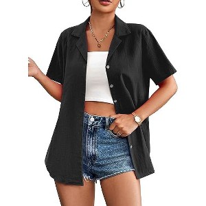 Zeagoo Women Cotton Linen Shirt Button Down Short Sleeve Blouses Casual Tops V Neck Collared Business Work Summer Blouses - 1 of 1