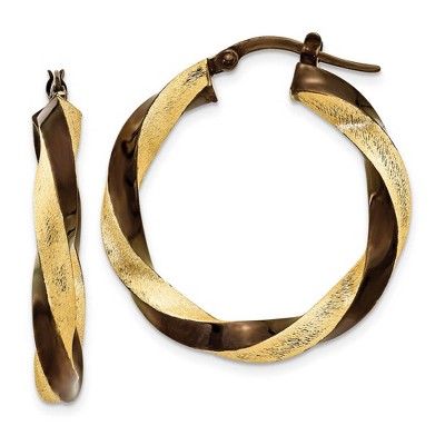 Black Bow Jewelry 28mm 14k Yellow Gold & Brown Rhodium Twisted Round Hoop Earrings