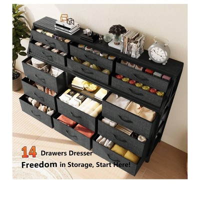 55 Inch Bedroom Dresser with Power Outlets and LED Lights 14 Drawer Fabric Chest