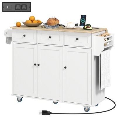 HOMCOM Rolling Kitchen Island with Charging Station and Drop Leaf, 53" Kitchen Island Table with Wood Top, 3 Drawers, Adjustable Shelf