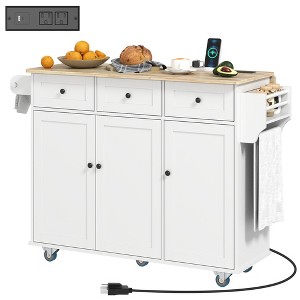 HOMCOM Rolling Kitchen Island with Charging Station and Drop Leaf, 53" Kitchen Island Table with Wood Top, 3 Drawers, Adjustable Shelf - 1 of 4