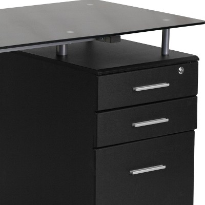 Sleek Black Tempered Glass 50.5'' Computer Desk with Three-Drawer Pedestal