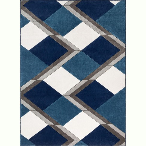 Well Woven Naya Blue Modern Geometric Diamond Boxes Pattern Area Rug ...