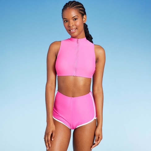 Women's Zip-front Mock Neck Bikini Top - Wild Fable™ Pink Xl : Target