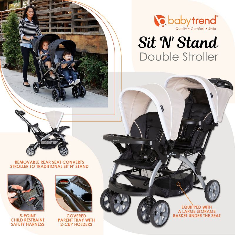 Baby Trend Sit N' Stand Multi-Use Easy Fold Travel Toddler and Baby Double Stroller with Safety Harness and Storage Basket, 3 of 9