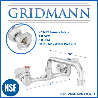 GRIDMANN Commercial Wall Mount Sink Faucet, 8" Center with 10" Swivel Spout, NSF, Dual Lever Handles, Brass Construction, Chrome Polished Finish