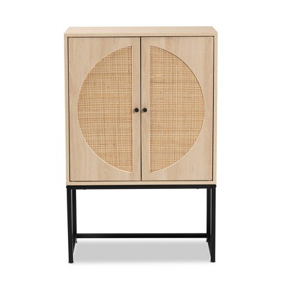 Ardon Bohemian Light Brown Wood and Black Metal Storage Cabinet with Rattan