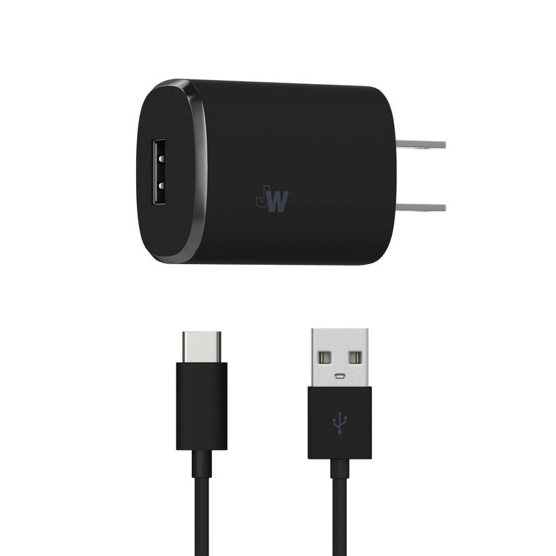 Just Wireless 2.4A/12W 1-Port USB-A Home Charger with 6&#39; TPU Type-C to USB-A Cable - Black, 1 of 10