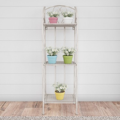 Antique White 3-Tier Wrought Iron Folding Plant Stand