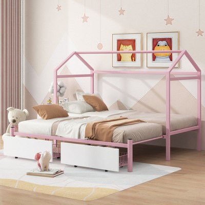 TIRAMISUBEST Twin XL to King Size House Platform Bed with 2 Storage Drawers, Metal House Bed with Roof Design for Kids