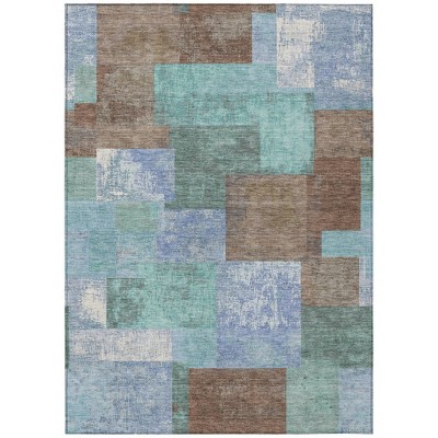 Brown Teal Blue And Ivory Geometric Washable Indoor Outdoor Area Rug