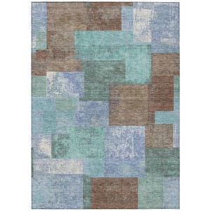 Brown Teal Blue And Ivory Geometric Washable Indoor Outdoor Area Rug - 1 of 4