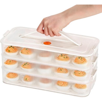 3-Layer Deviled Egg Container with Lid, Clear Stackable Platter with Handle for Fridge and Camping