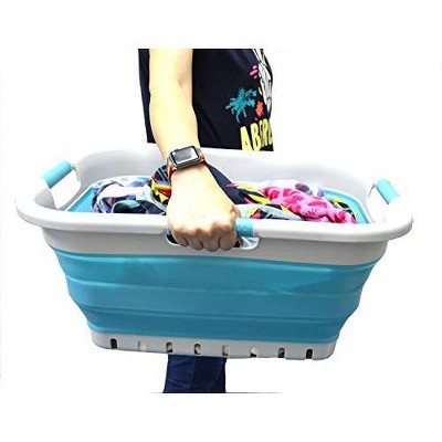 Gray and Pink Collapsible Plastic Laundry Basket with Handles