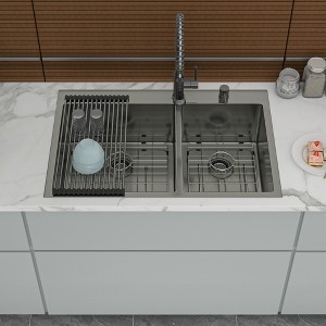 Double Bowl Drop in Sink- 33inx22in Gunmetal Black Double Bowl Kitchen Sink 16 Gauge with Two 10in Deep Basin(60/40) - 1 of 1