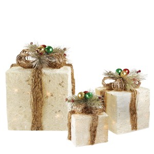 Northlight Set of 3 Lighted Cream Gift Boxes with Twine Bows Outdoor Christmas Decorations 10" - 1 of 3