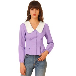 Allegra K Women's Contrast Peter Pan Collar Long Sleeve Button Down Cotton Shirt - 1 of 4