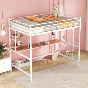 ALEXOUN Metal Loft Bed with Desk,Heavy Duty Metal Bed Frame with Storage Shelves,for Small Spaces, Bedroom,No Boxspring Required, - 1 of 4