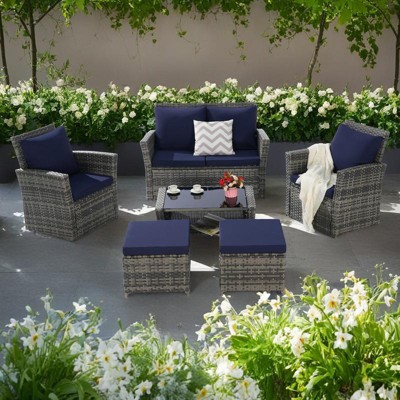 6-Piece Outdoor Patio Rattan Conversation Sofa Set with Tempered Glass Coffee Table