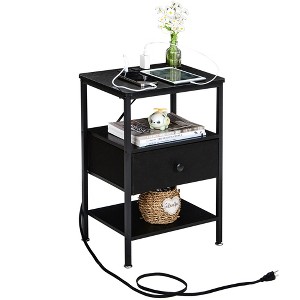 VECELO Nightstand with Charging Station, End Table with Fabric Drawer for Bedroom or Living Room, 2 USB Ports & AC Outlets, Brown/Black/White - 1 of 4