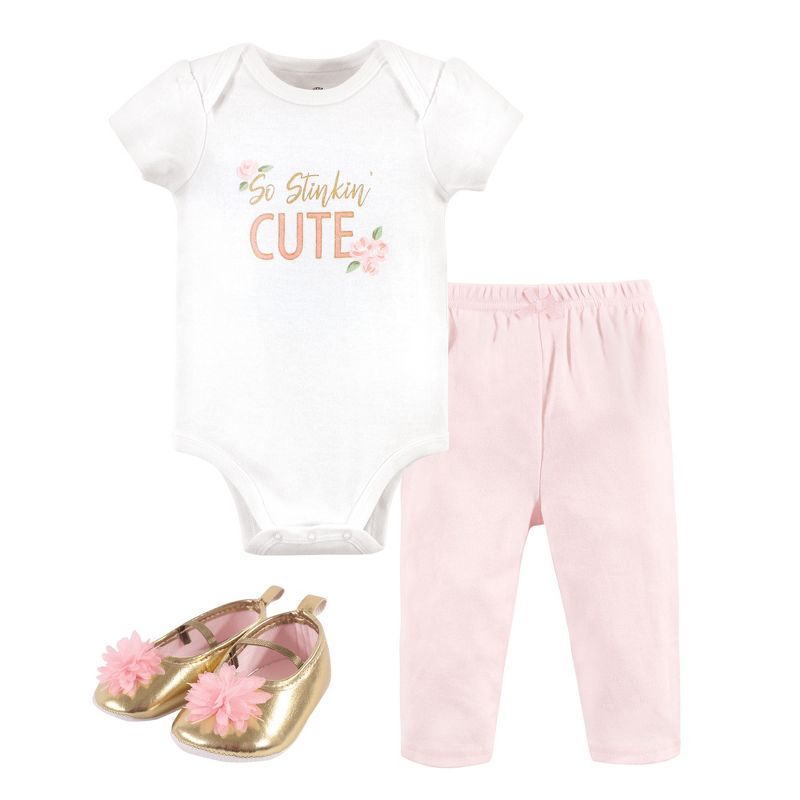 Little Treasure Baby Girl Cotton Bodysuit, Pant and Shoe 3pc Set, Stinkin Cute, 1 of 2