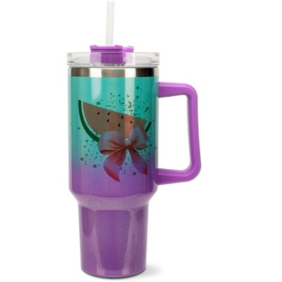 Elanze Designs 40 Ounce Stainless Steel Double Wall Insulated Ombre Glitter Travel Tumbler With Handle, Straw, and Lid, Watermelon Teal and Purple