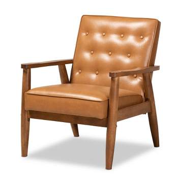 Sorrento Mid-Century Faux Leather Upholstered Wood Lounge Chair Walnut/Brown - Baxton Studio