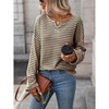 Women's Waffle Knit Striped Sweater, Long Sleeve Notch Neck Casual Top for Fall & Winter Layering - 2 of 4