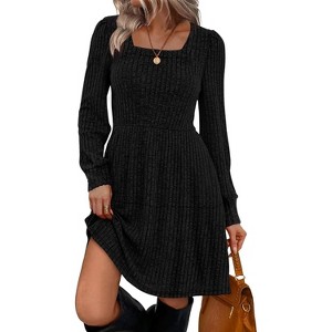 Square Neck Long Sleeve Babydoll Sweater Dress | Casual Fall Dress for Women Black - 1 of 4