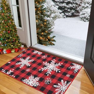 Christmas Buffalo Plaid Welcome Mat, Non-Slip Snowflake Doormat for Front Door, Absorbent Washable Indoor Outdoor Holiday Entryway Mat, Red - 1 of 4