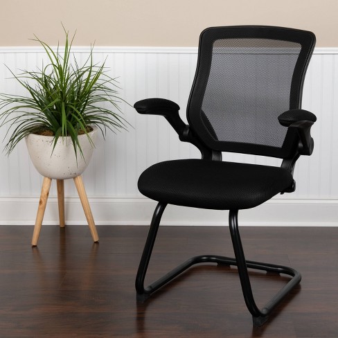 EMMA OLIVER Black Mesh Sled Base Side Reception Guest Office Chair with Flip-Up Arms