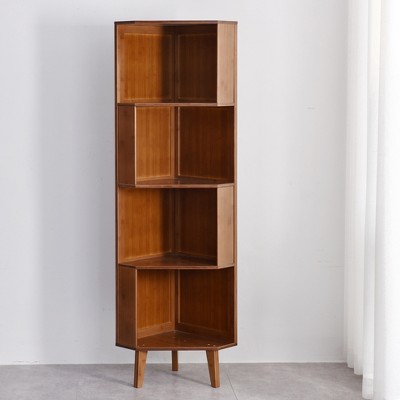 Corner bookcase, shelf, bamboo wood storage cabinet, display shelf, Suitable For Living Room, Bedroom, Kitchen, Office