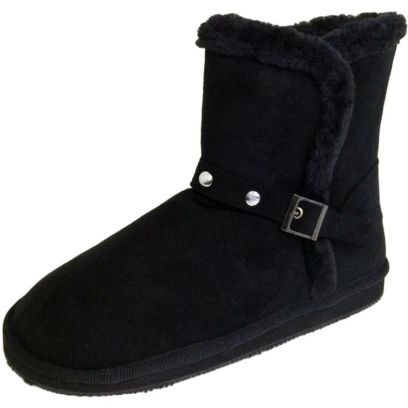 Women's Winter Boots Faux Suede Buckle Studs Fur Lined Ankle Shoes, Black-6