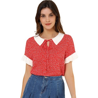 Allegra K Women's Contrast Doll Collar Polka Dots Short Sleeves Blouse