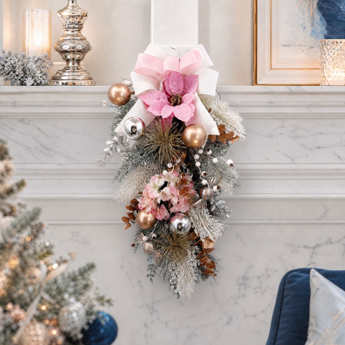 Garvee 30-Inch Christmas Wreath for Front Door with Pink Ribbon Bow - Artificial PVC Wreath for Holiday Door Decor Indoor Outdoor - thumbnail 6