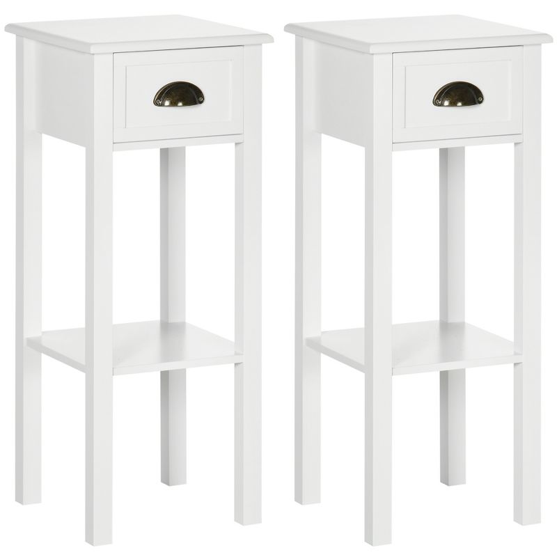 HOMCOM 2-Tier Side Table with Drawer, Narrow End Table with Bottom Shelf, for Living Room or Bedroom, Set of 2, White, 1 of 7