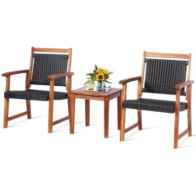 Tangkula 3 PCS Patio Rattan Bistro Set Outdoor Acacia Wood Table & Chairs Set