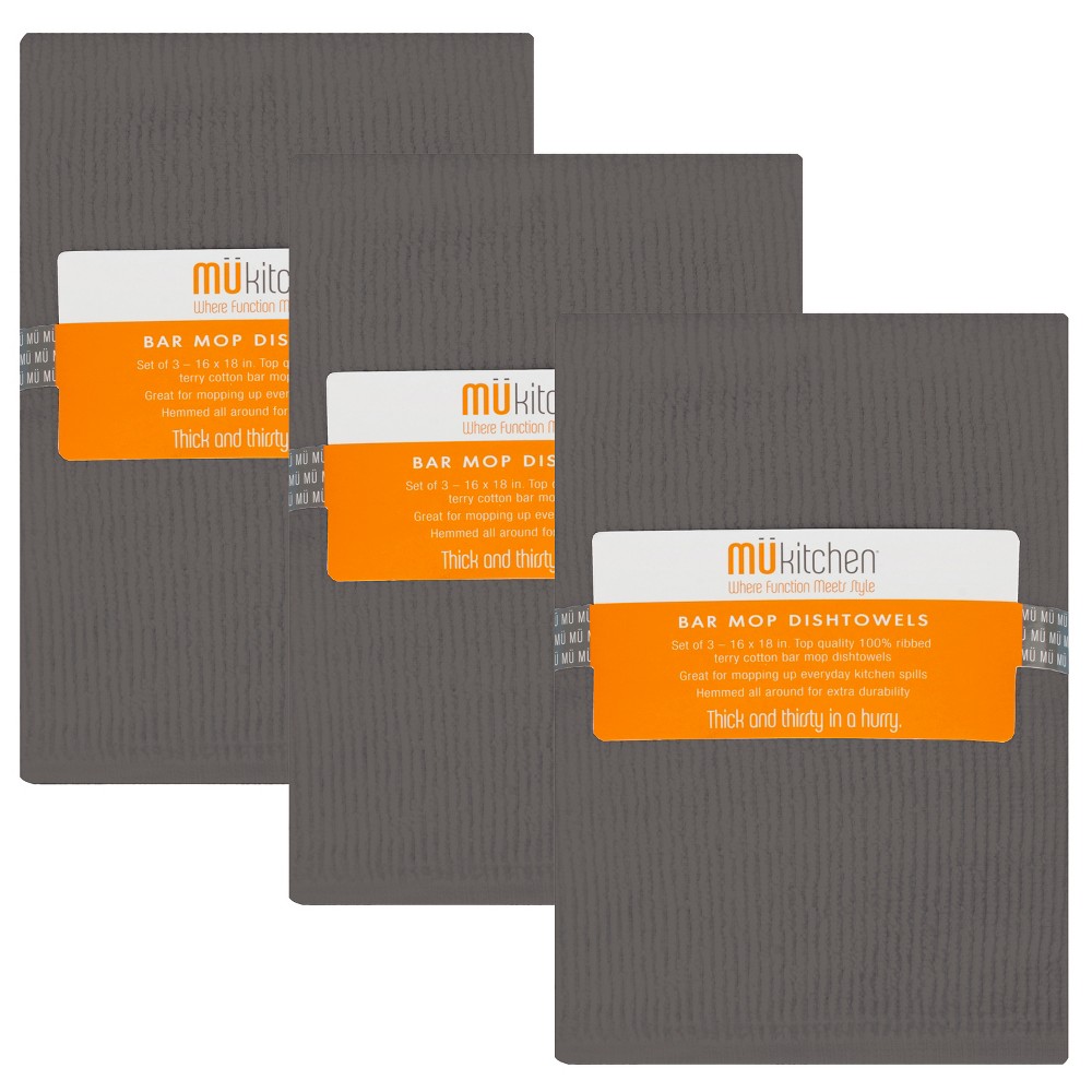 3pk Bar Mop Kitchen Towel Gray - MU Kitchen