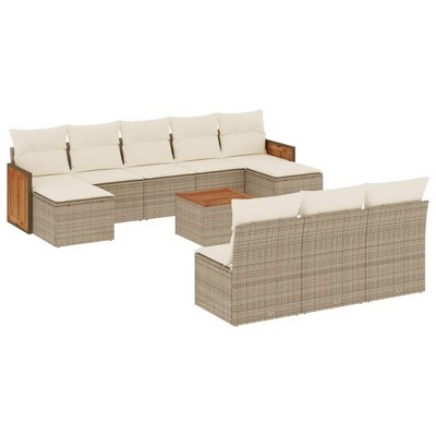 vidaXL 11 Piece Patio Sofa Set with Cushions Beige and Cream Poly Rattan - With Table