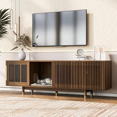 Chic Crate-Mid-Century Modern Walnut TV Stand – Pet-Friendly Media Console w/ Sliding & Flip-Down Door, Cat House Design for Living Room