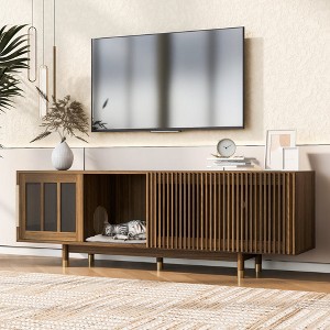 Chic Crate-Mid-Century Modern Walnut TV Stand – Pet-Friendly Media Console w/ Sliding & Flip-Down Door, Cat House Design for Living Room - 1 of 4