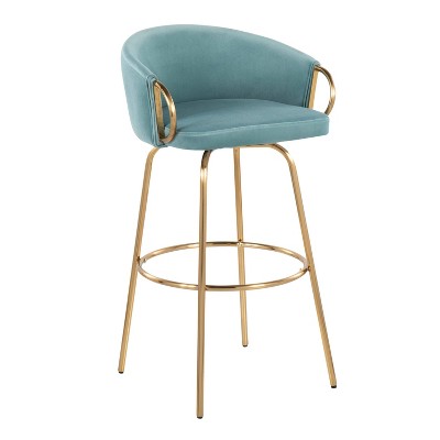 Claire Light Blue Velvet and Gold Metal Swivel Bar Stool