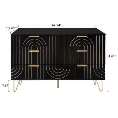 Gulches Modern 6 Drawer Dresser - Metal Handles, Carving Design, L-type Anti-tipping, Triamine Process, Black & Gold